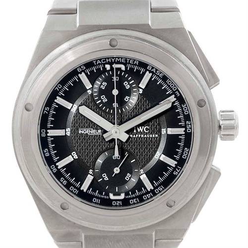 This image shows a front view of the IWC Ingenieur IW372501 Men's Stainless Steel Black Dial IW372501 Men's Stainless Steel Black Dial watch, highlighting its dial, tachymeter scale, and chronograph subdials.