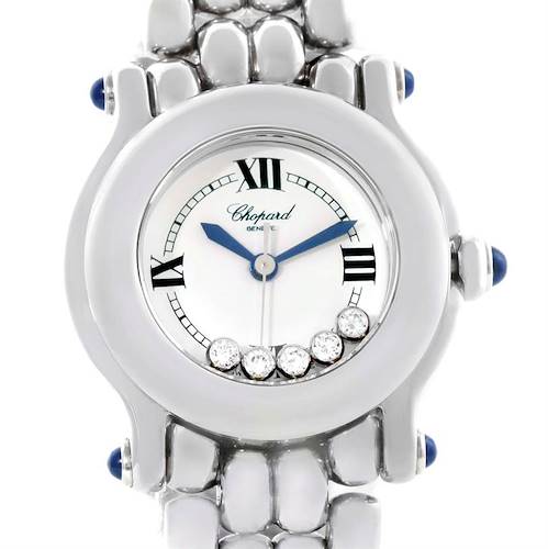 The image shows a frontal view of the Chopard 27/8250-23 Women's Stainless Steel White Dial 27/8250-23 Women's Stainless Steel White Dial Happy Sport White Dial 5 Floating Diamonds Watch 27/8250-23, displaying the dial and part of the bracelet.