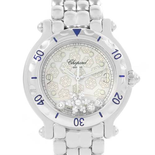 The Chopard 27/8949 Women's Stainless Steel White Dial 27/8949 Women's Stainless Steel White Dial Happy Sport Snowflake Floating Diamonds Watch 27/8949 is shown from the front, displaying its dial, bezel, and part of the band.