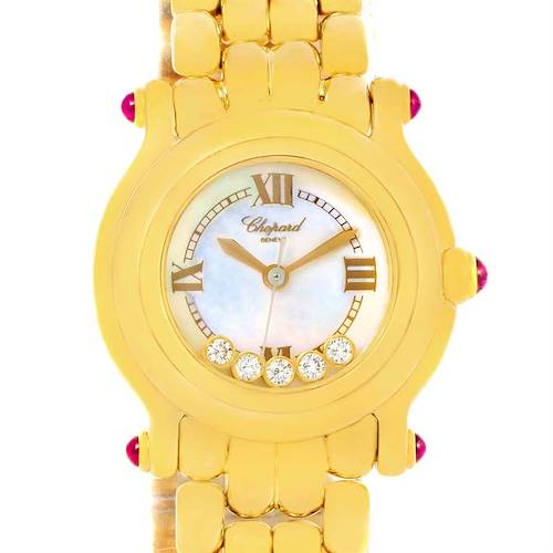 This image shows a frontal view of the Chopard 27/6150-21 Women's Yellow Gold White Dial 27/6150-21 Women's Yellow Gold White Dial Happy Sport Yellow Gold Floating Diamonds Watch, model 27/6150-21.