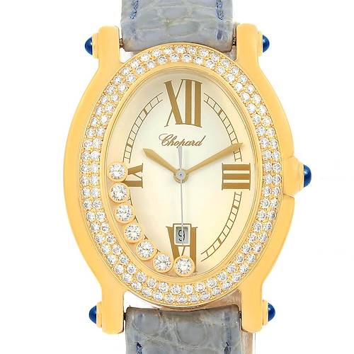This image shows a front view of the Chopard 27/7012-23 Women's Yellow Gold White Dial 27/7012-23 Women's Yellow Gold White Dial Happy Diamond Yellow Gold Floating Diamonds Watch 27/7012-23, featuring its dial, case, and partial strap.