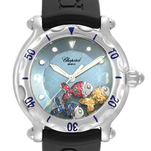 The image shows a front view of the Chopard 288347 Women's Stainless Steel Blue Dial 288347 Women's Stainless Steel Blue Dial Happy Beach Floating Rubi Sapphire Fish Ladies Watch 288347 model, featuring decorative fish.