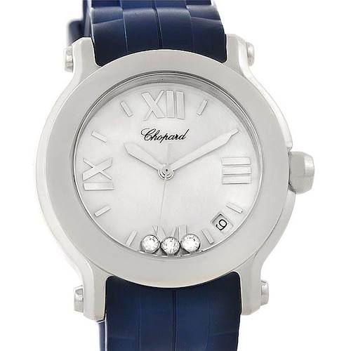 The image shows a front view of the Chopard 278475 Women's Stainless Steel Silver Dial 278475 Women's Stainless Steel Silver Dial Happy Sport Floating Diamond Rubber Strap Watch 278475, highlighting its dial and floating diamonds.