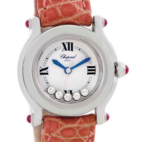 The image shows a front view of the Chopard 27/8245-21 Women's Stainless Steel White Dial 27/8245-21 Women's Stainless Steel White Dial Happy Sport Diamond White Dial Ladies Watch 27/8245-21, featuring its face and strap.