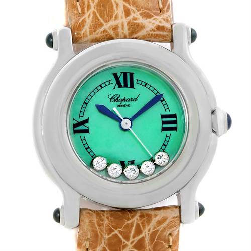 The image shows a front view of the Chopard 27/8245-23 Women's Stainless Steel Mother of Pearl Dial 27/8245-23 Women's Stainless Steel Mother of Pearl Dial Happy Sport Green Mother Pearl Dial Diamond Watch 27/8245-23, highlighting the dial and case.
