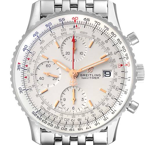 The image shows a front view of a Breitling Navitimer A13324 Men's Stainless Steel Silver Dial A13324 Men's Stainless Steel Silver Dial watch, featuring its dial, bezel, and part of the metal bracelet.