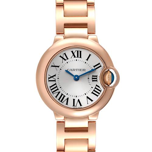 The image shows a full frontal view of the Cartier Ballon Bleu W69002Z2 Women's Rose Gold Silver Dial W69002Z2 Women's Rose Gold Silver Dial watch, highlighting its face, bezel, and part of the bracelet.