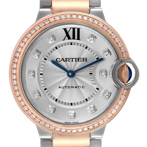This image shows a front view of the Cartier Ballon Bleu W3BB0004 Women's Steel and Gold (two tone) Silver Dial W3BB0004 Women's Steel and Gold (two tone) Silver Dial watch, highlighting its diamond-set bezel, dial, and blue steel hands.