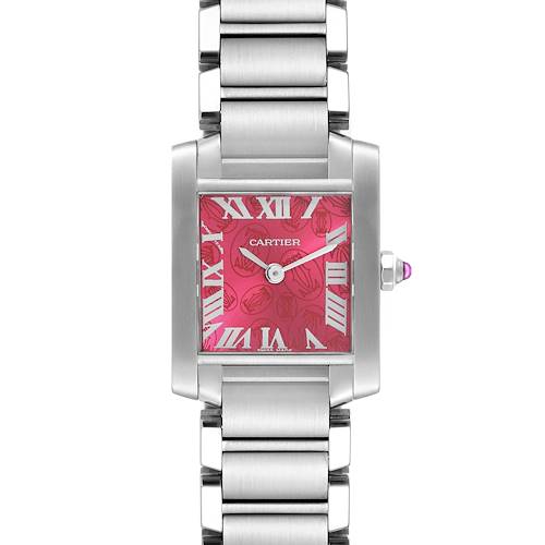 This image shows a front, head-on view of the Cartier Tank Francaise W51030Q3 Women's Stainless Steel Pink Dial W51030Q3 Women's Stainless Steel Pink Dial watch, highlighting its pink dial and stainless steel bracelet.
