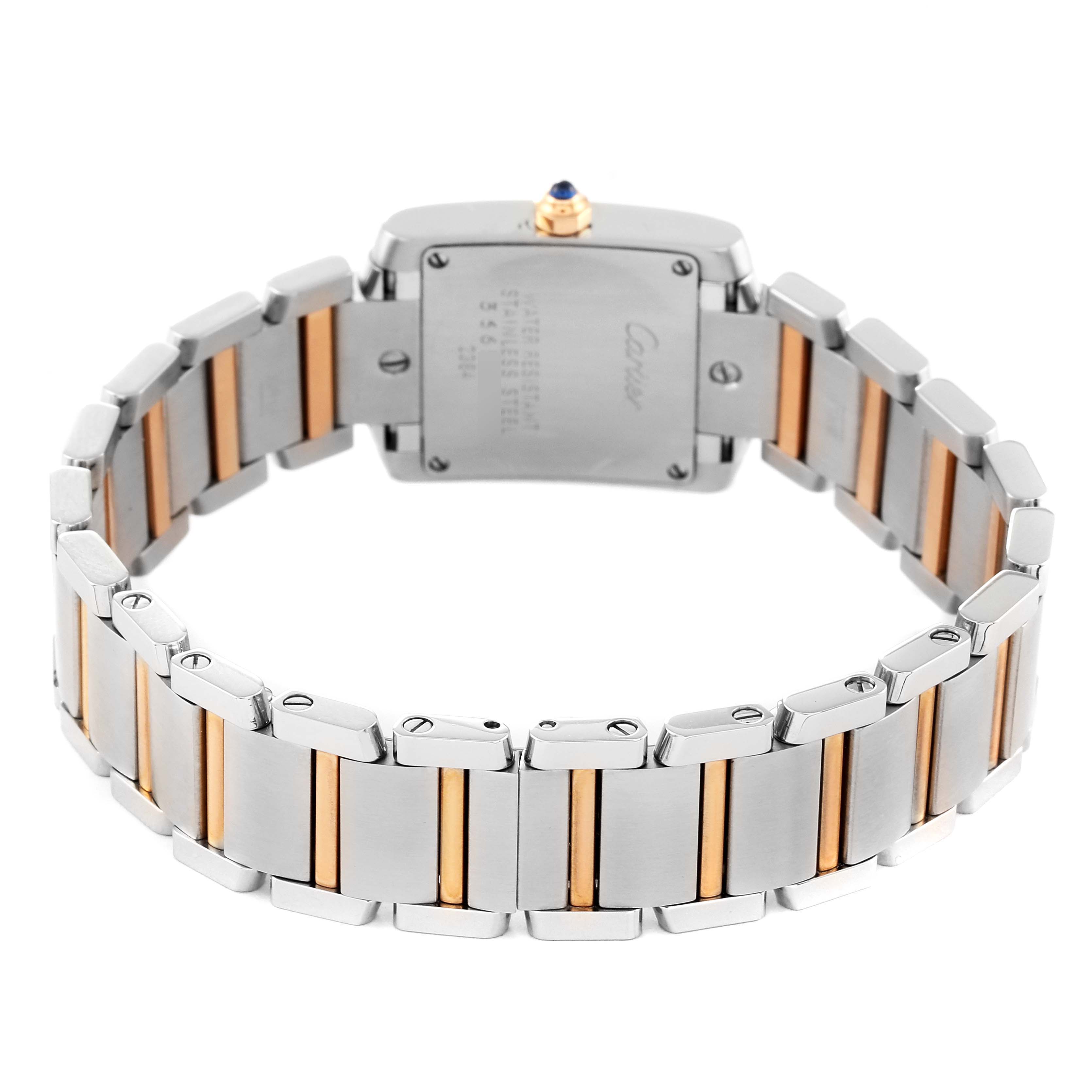 The back view of the Cartier Tank Francaise Steel Rose Gold Mother of Pearl Ladies Watch W51027Q4 shows the case back and bracelet.