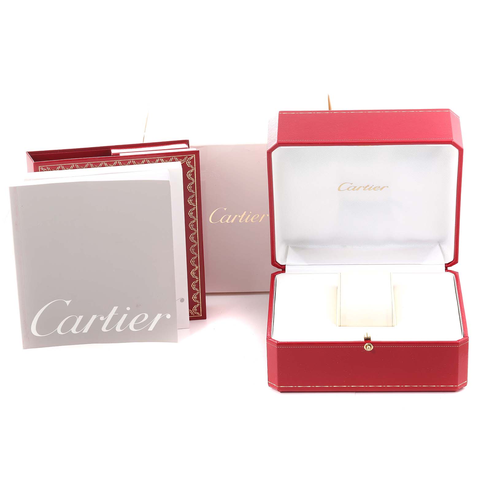 This image shows the box and papers for the Cartier Tank Francaise Steel Rose Gold Mother of Pearl Ladies Watch W51027Q4.