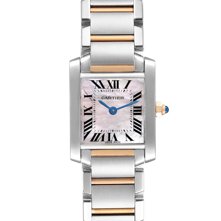 The image shows a frontal view of a Cartier Tank Francaise Steel Rose Gold Mother of Pearl Ladies Watch W51027Q4 with a two-tone bracelet.