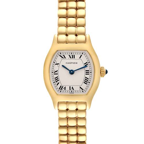 This image shows a front view of a Cartier Tortue Women's Yellow Gold Silver Dial Women's Yellow Gold Silver Dial watch, highlighting its gold bracelet and Roman numeral dial.