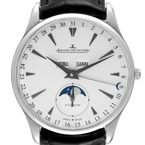 The image shows a front view of the Jaeger LeCoultre Master Q1263520 Men's White Gold Silver Dial Q1263520 Men's White Gold Silver Dial model watch, displaying its dial and complications.