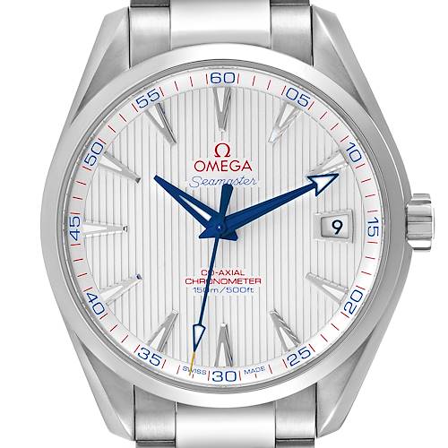 This image shows a front view of the Omega Aqua Terra 231.10.42.21.02.002 Men's Stainless Steel Silver Dial 231.10.42.21.02.002 Men's Stainless Steel Silver Dial model watch, highlighting its face, hands, and bracelet.