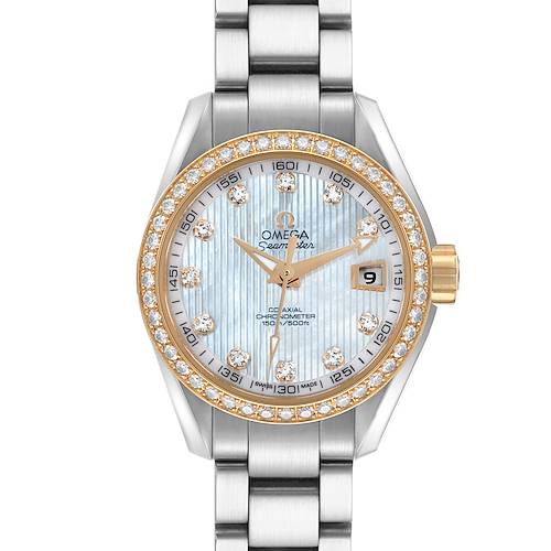 The image shows the front view of the Omega 231.25.30.20.55.004 Women's Steel and Gold (two tone) Mother of Pearl Dial 231.25.30.20.55.004 Women's Steel and Gold (two tone) Mother of Pearl Dial Seamaster Aqua Terra Steel Yellow Gold Diamond Ladies Watch 231.25.30.20.55.004, including the dial and bracelet.