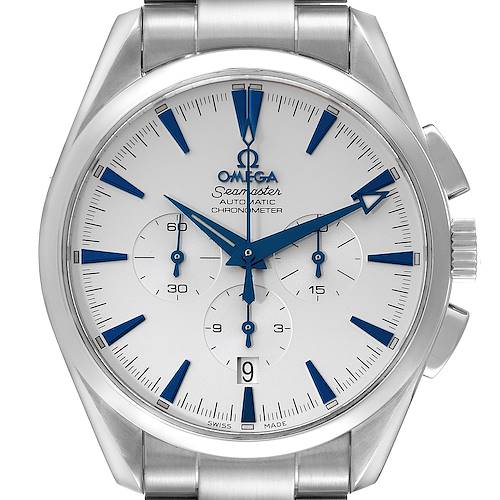 The image shows the face of the Omega Aqua Terra 2512.30.00 Men's Stainless Steel Silver Dial 2512.30.00 Men's Stainless Steel Silver Dial Seamaster watch, highlighting the dial, hands, chronograph sub-dials, and bracelet.
