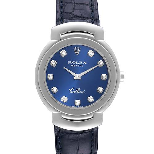 This image shows a front view of a Rolex Cellini 6221 Women's White Gold Blue Dial 6221 Women's White Gold Blue Dial watch with a blue dial and diamond hour markers.