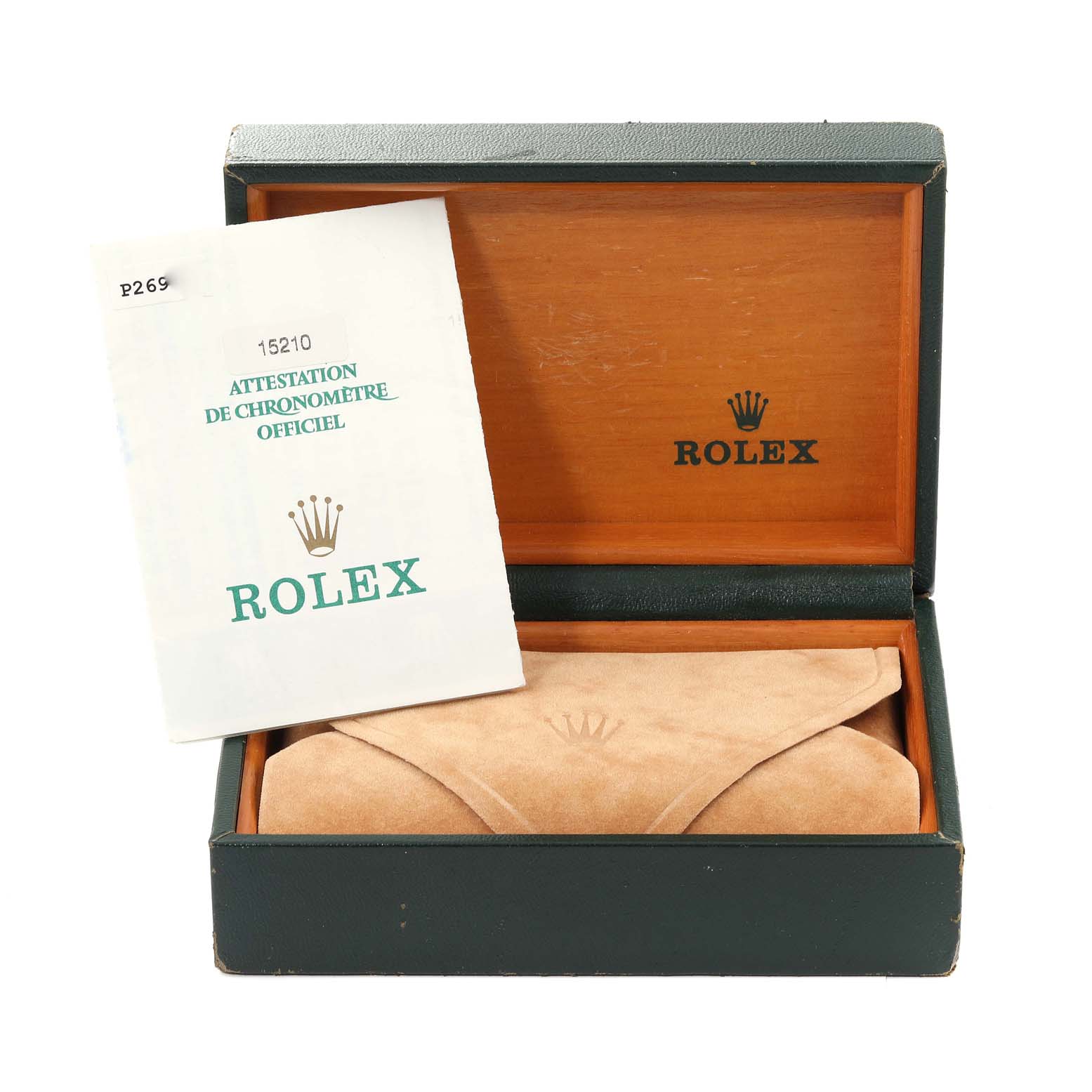 The image shows a Rolex Date 15210 Men's Stainless Steel White Dial 15210 Men's Stainless Steel White Dial model watch box with the documentation and suede pouch.