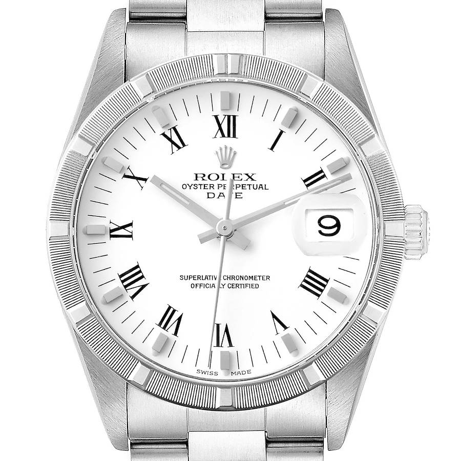 This image shows a front view of the Rolex Date 15210 Men's Stainless Steel White Dial 15210 Men's Stainless Steel White Dial model, displaying the dial, hands, and bracelet.
