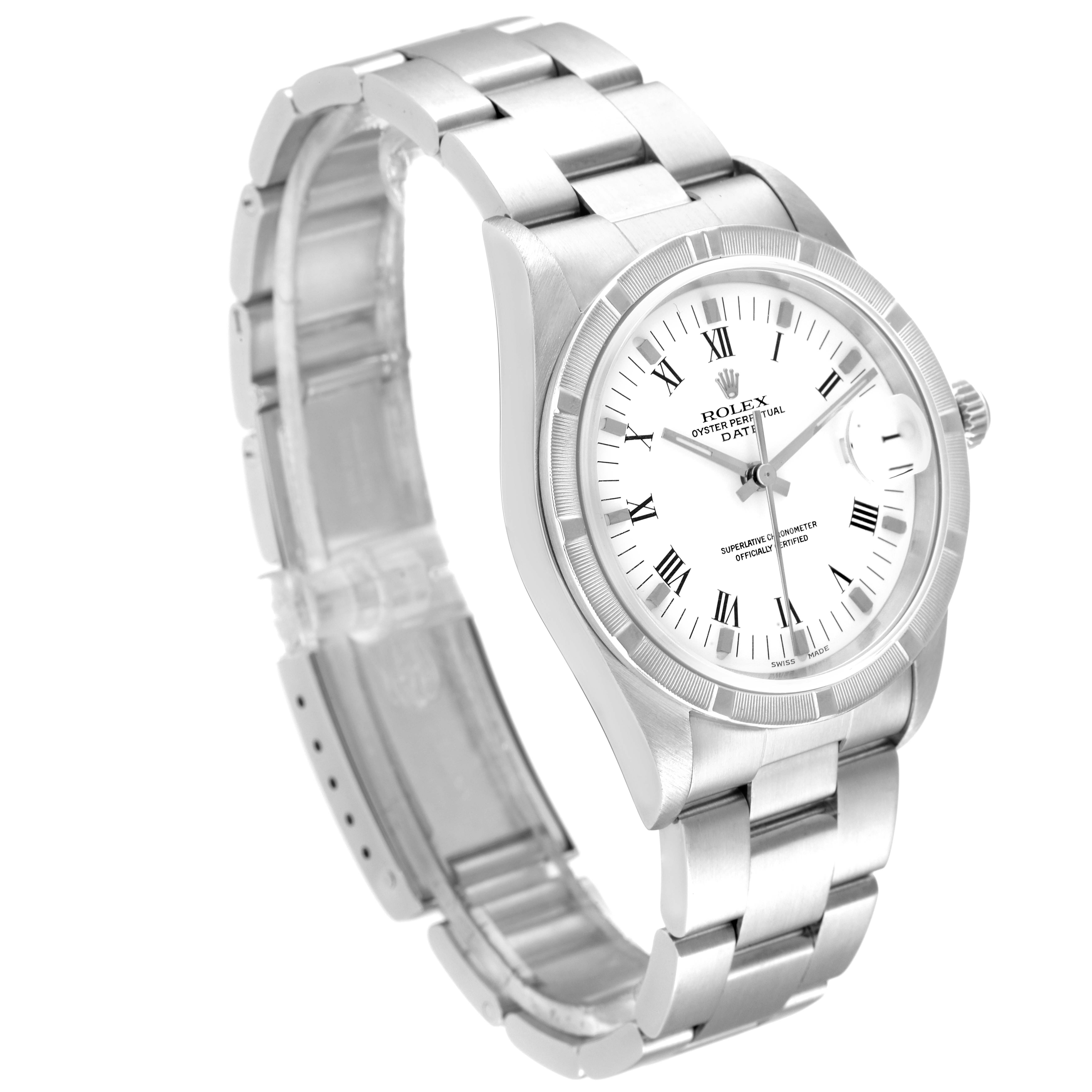 The image shows a Rolex Date 15210 Men's Stainless Steel White Dial 15210 Men's Stainless Steel White Dial model watch at a three-quarter angle, highlighting the bracelet, dial, and case.