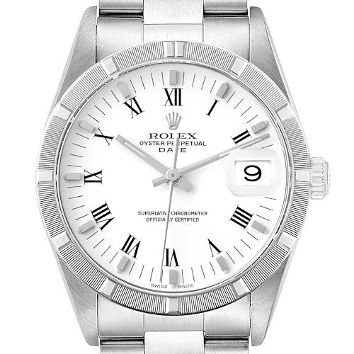 The image shows a front view of a Rolex Date 15210 Men's Stainless Steel White Dial 15210 Men's Stainless Steel White Dial model watch, displaying the bezel, dial, hands, and date window.
