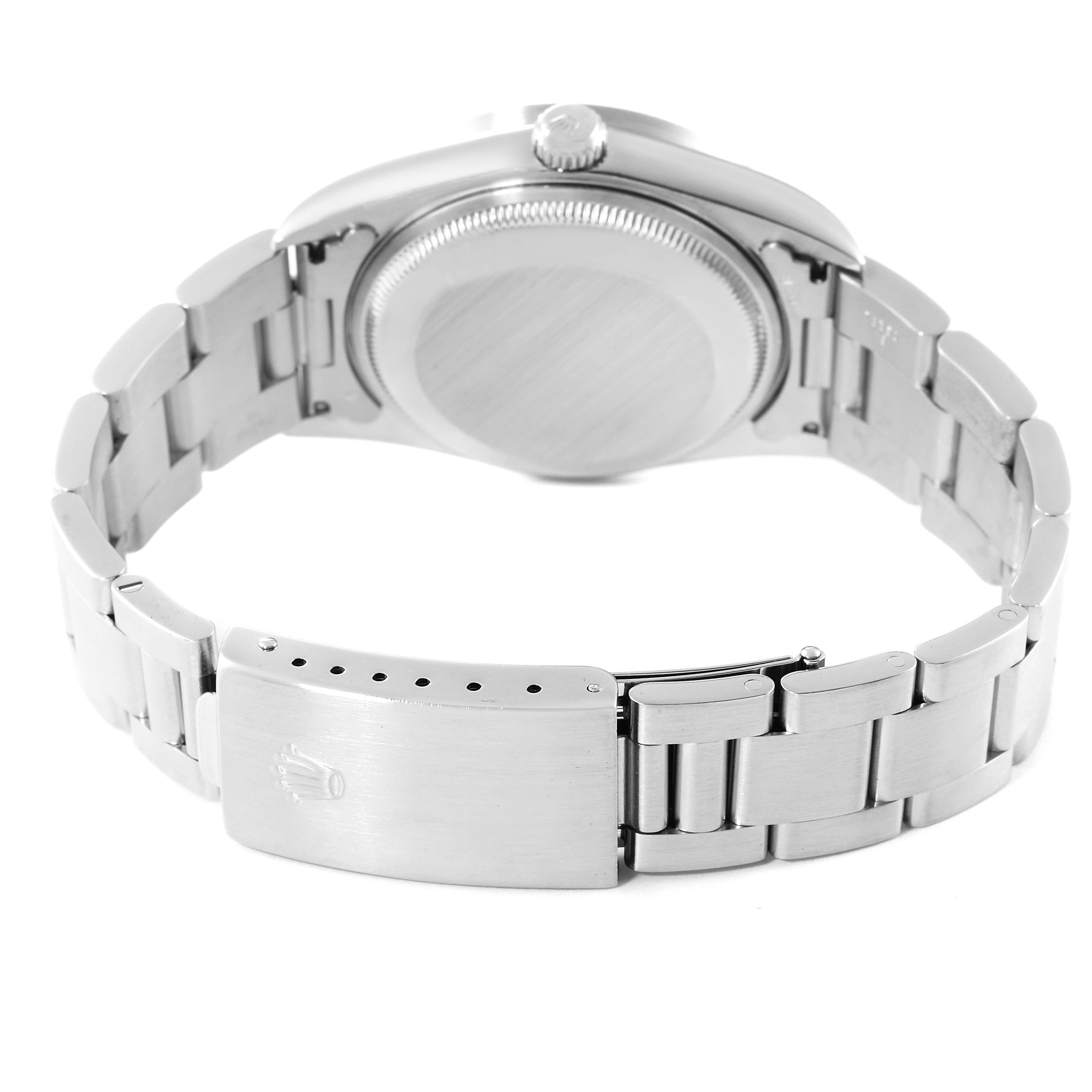 This image shows the back case and bracelet, including the clasp, of a Rolex Date 15210 Men's Stainless Steel White Dial 15210 Men's Stainless Steel White Dial watch.