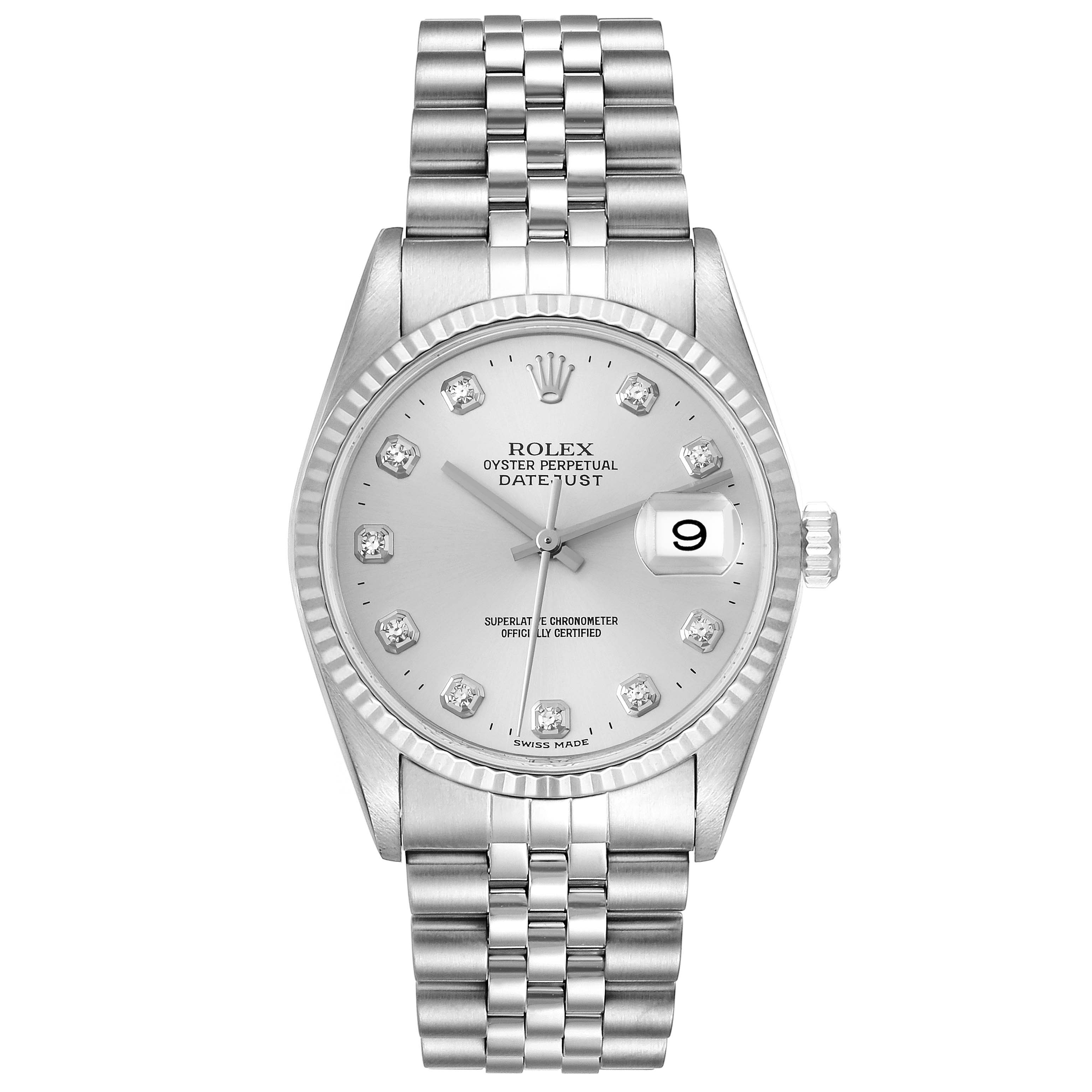 The image shows a front view of the Rolex Datejust 16234 Men's Stainless Steel Silver Dial 16234 Men's Stainless Steel Silver Dial watch, highlighting its dial, hands, date display, and bracelet.