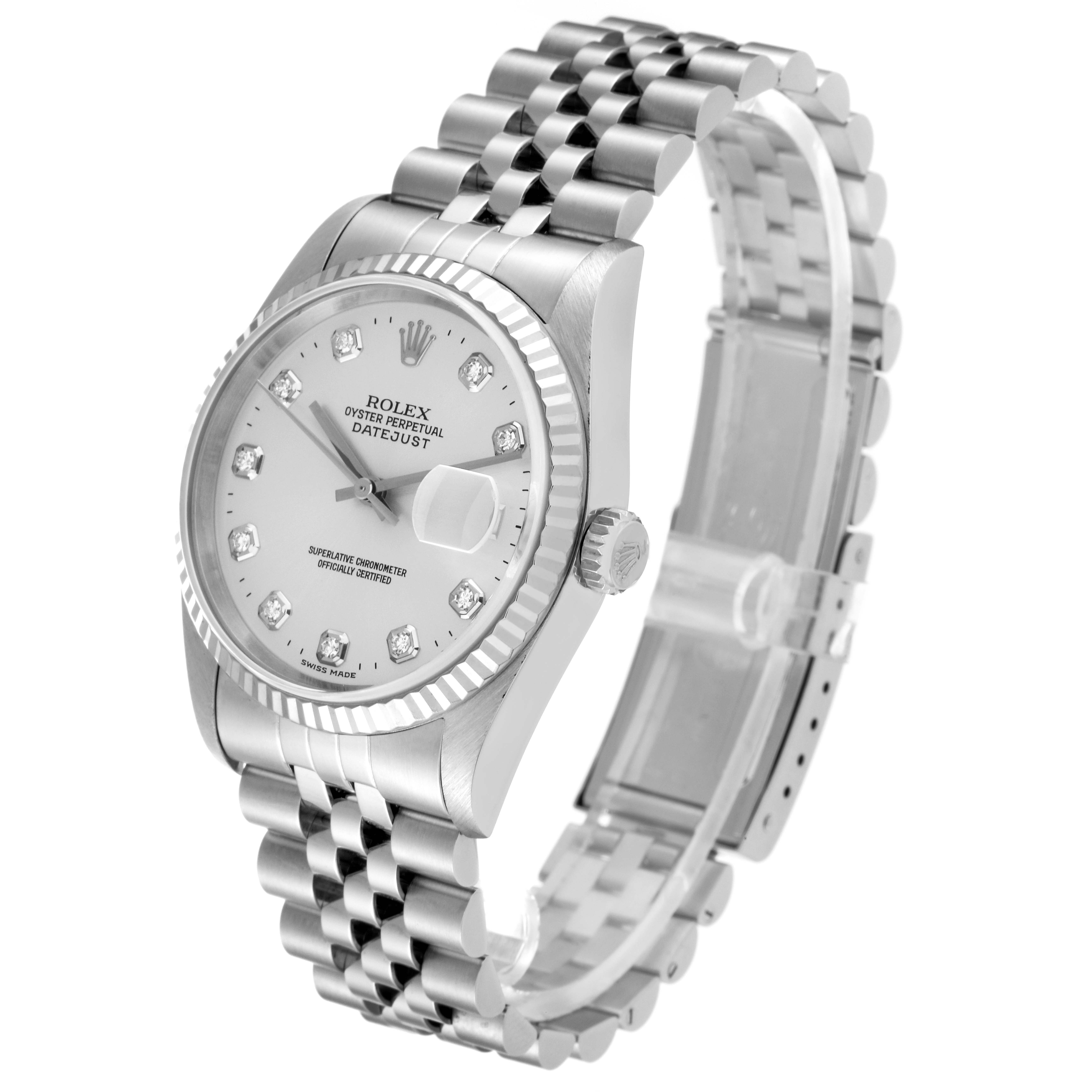 The Rolex Datejust 16234 Men's Stainless Steel Silver Dial 16234 Men's Stainless Steel Silver Dial watch is shown at a three-quarter angle, displaying the face, bezel, crown, and part of the bracelet.