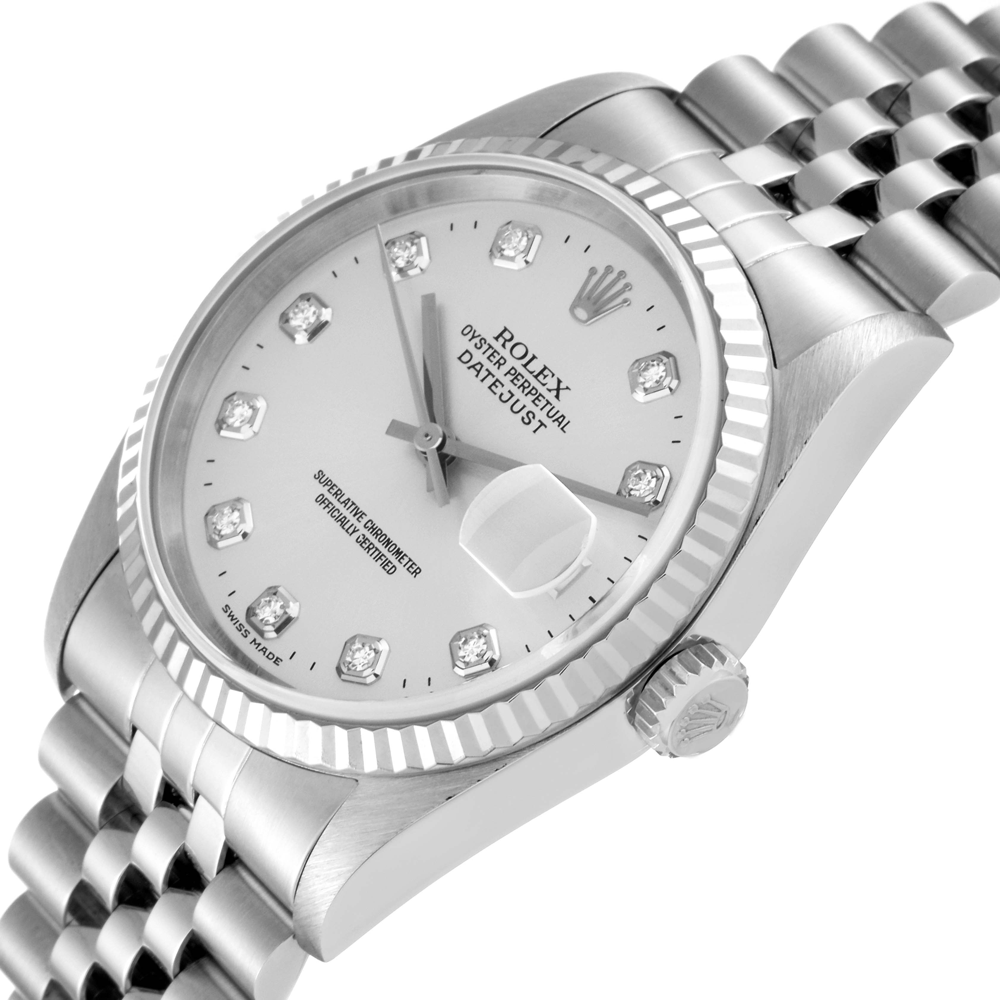This image shows a Rolex Datejust 16234 Men's Stainless Steel Silver Dial 16234 Men's Stainless Steel Silver Dial model watch angled to highlight the dial, bezel, crown, and part of the bracelet.