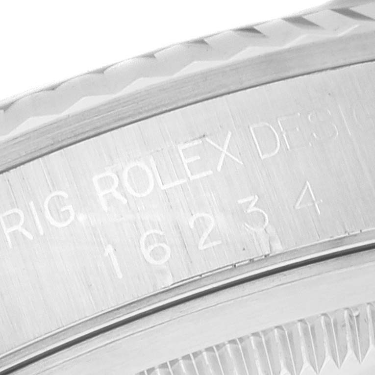 The image shows a close-up of the engraved model number and branding on the side casing of a Rolex Datejust 16234 Men's Stainless Steel Silver Dial 16234 Men's Stainless Steel Silver Dial watch.
