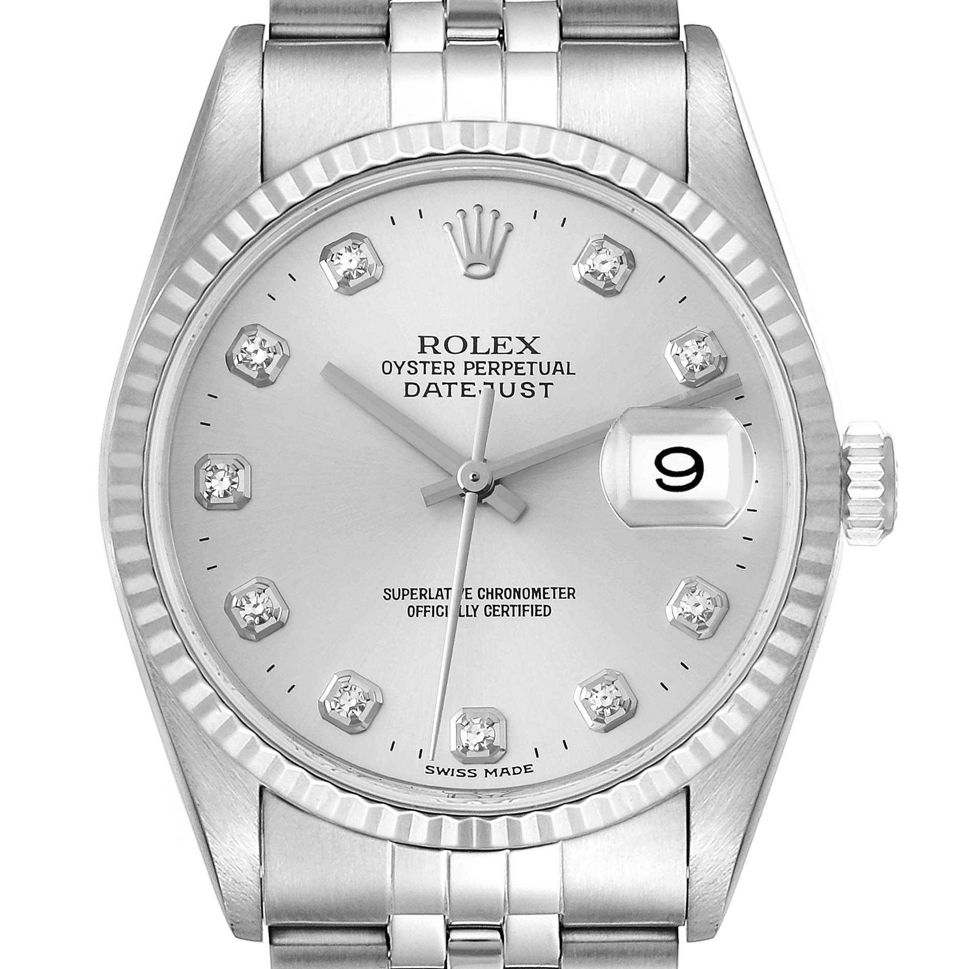 The image shows a front view of the Rolex Datejust 16234 Men's Stainless Steel Silver Dial 16234 Men's Stainless Steel Silver Dial watch, highlighting its dial, hour markers, hands, and date window.