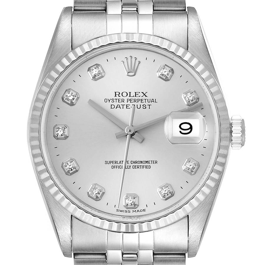 The image shows a front view of the Rolex Datejust 16234 Men's Stainless Steel Silver Dial 16234 Men's Stainless Steel Silver Dial watch, highlighting its dial, hour markers, hands, and date window.