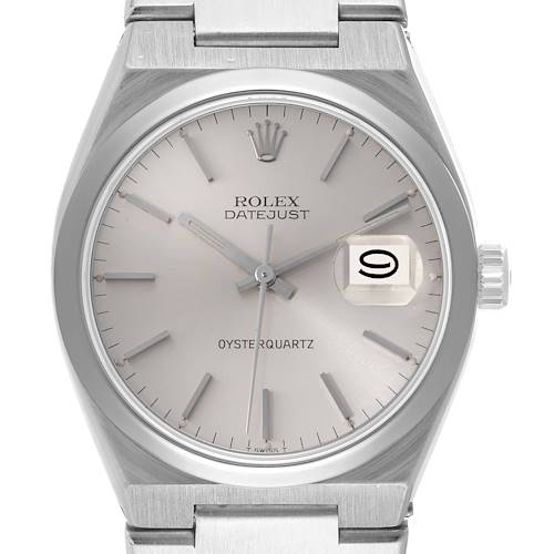 This image shows a front view of a Rolex Oysterquartz 17000 Men's Stainless Steel Silver Dial 17000 Men's Stainless Steel Silver Dial Datejust watch, highlighting its dial, hands, crown, and part of the bracelet.