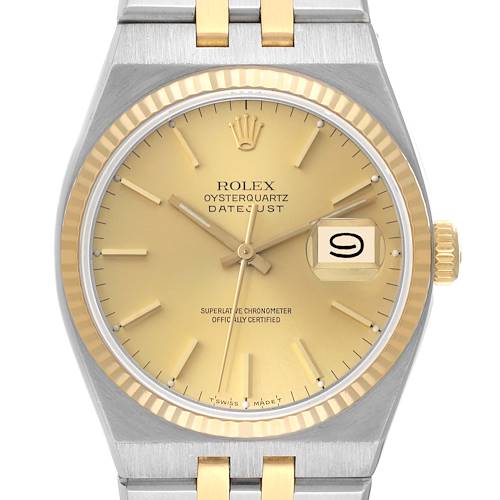 The image shows a front view of the Rolex Oysterquartz 17013 Men's Steel and Gold (two tone) Champagne Dial 17013 Men's Steel and Gold (two tone) Champagne Dial Datejust, highlighting the dial, hands, date window, and part of the bracelet.