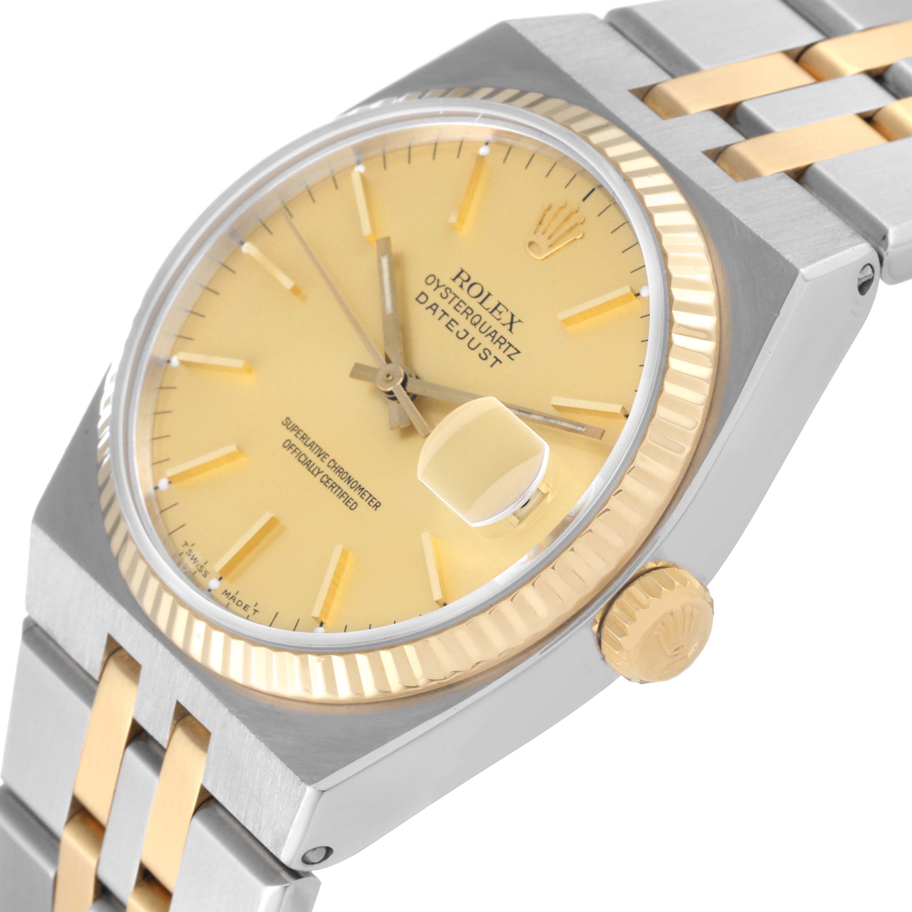 The image shows the Rolex Oysterquartz 17013 Men's Steel and Gold (two tone) Champagne Dial 17013 Men's Steel and Gold (two tone) Champagne Dial watch angled slightly from the front, highlighting the cream dial, bezel, crown, and part of the bracelet.