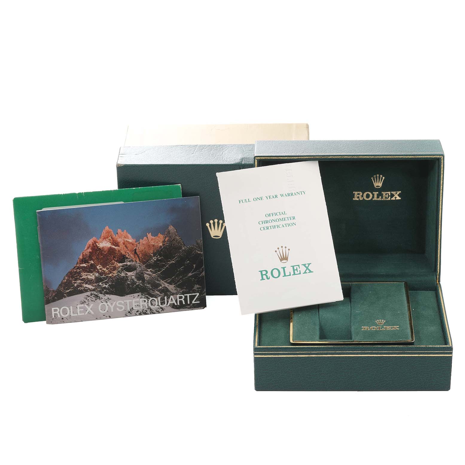 The image shows the packaging, warranty card, and manual for a Rolex Oysterquartz 17013 Men's Steel and Gold (two tone) Champagne Dial 17013 Men's Steel and Gold (two tone) Champagne Dial watch.