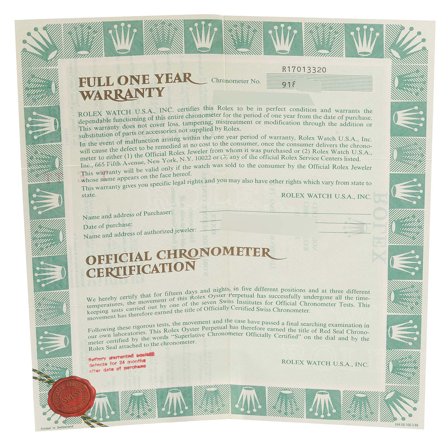 This image shows a full one-year warranty and official chronometer certification for the Rolex Oysterquartz 17013 Men's Steel and Gold (two tone) Champagne Dial 17013 Men's Steel and Gold (two tone) Champagne Dial model.