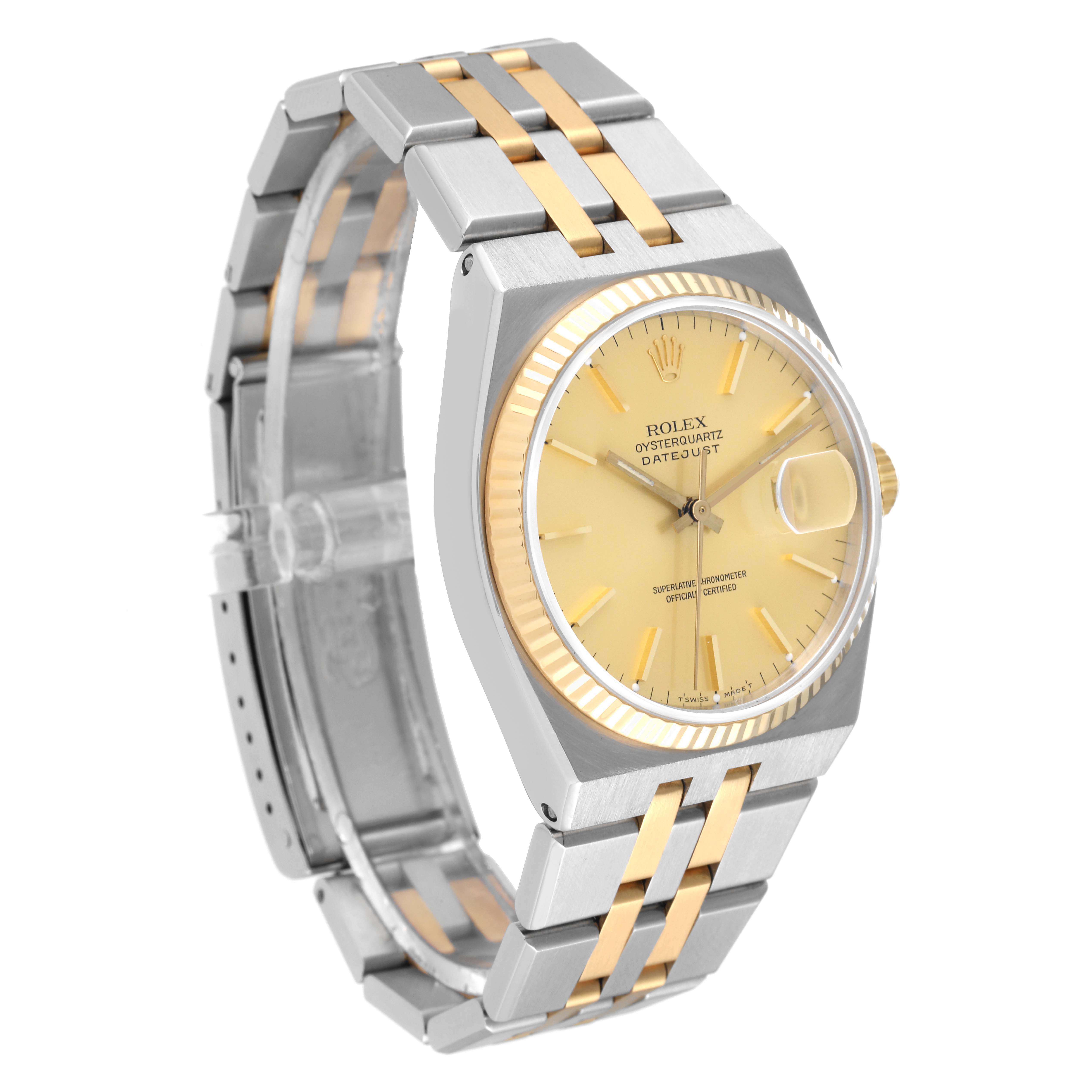 The Rolex Oysterquartz 17013 Men's Steel and Gold (two tone) Champagne Dial 17013 Men's Steel and Gold (two tone) Champagne Dial watch is shown from a front-left angle, highlighting the dial, bezel, and two-tone bracelet.