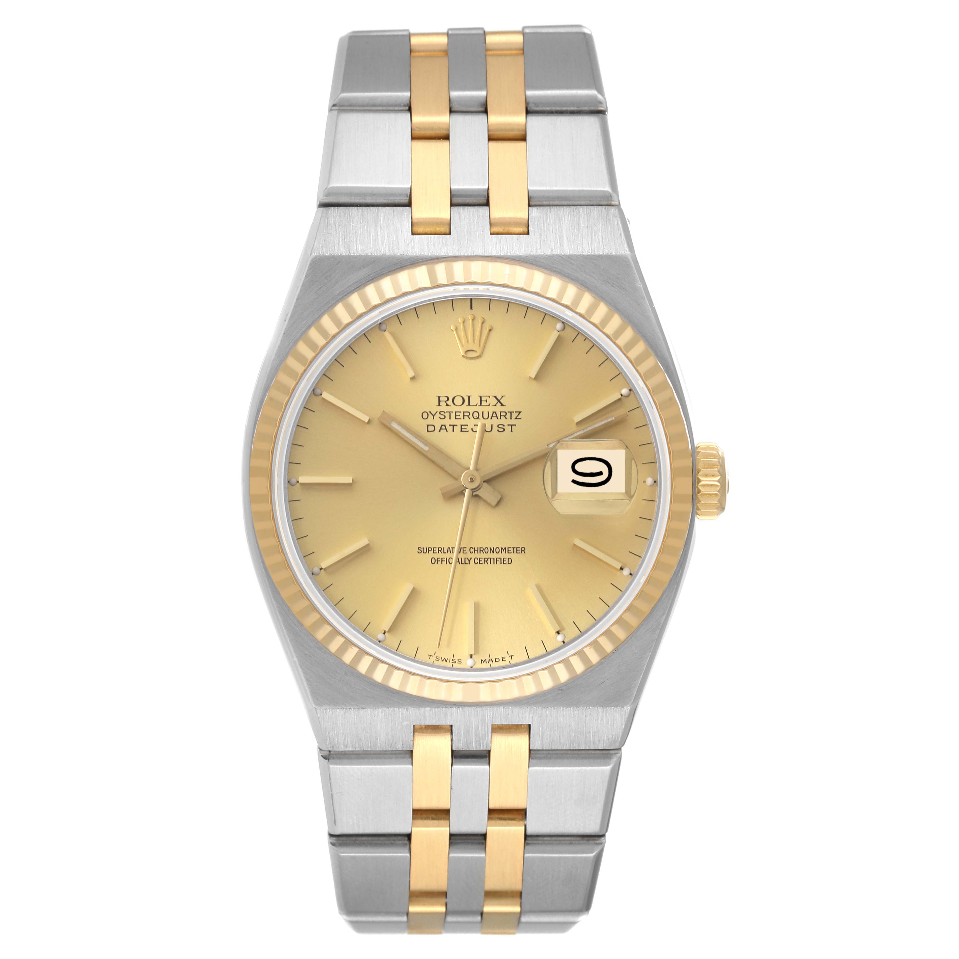 This image shows a front view of the Rolex Oysterquartz 17013 Men's Steel and Gold (two tone) Champagne Dial 17013 Men's Steel and Gold (two tone) Champagne Dial Datejust watch, displaying its dial, bracelet, and crown.
