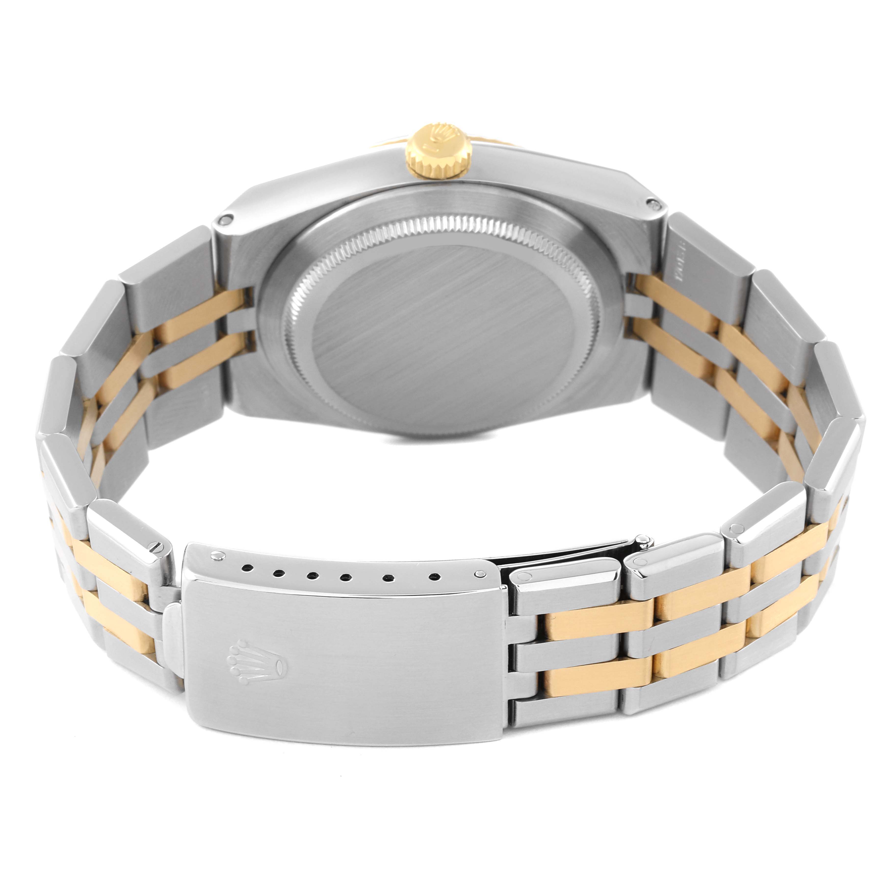 This image shows the back case, bracelet, and clasp of a Rolex Oysterquartz 17013 Men's Steel and Gold (two tone) Champagne Dial 17013 Men's Steel and Gold (two tone) Champagne Dial model watch, viewed from the rear angle.