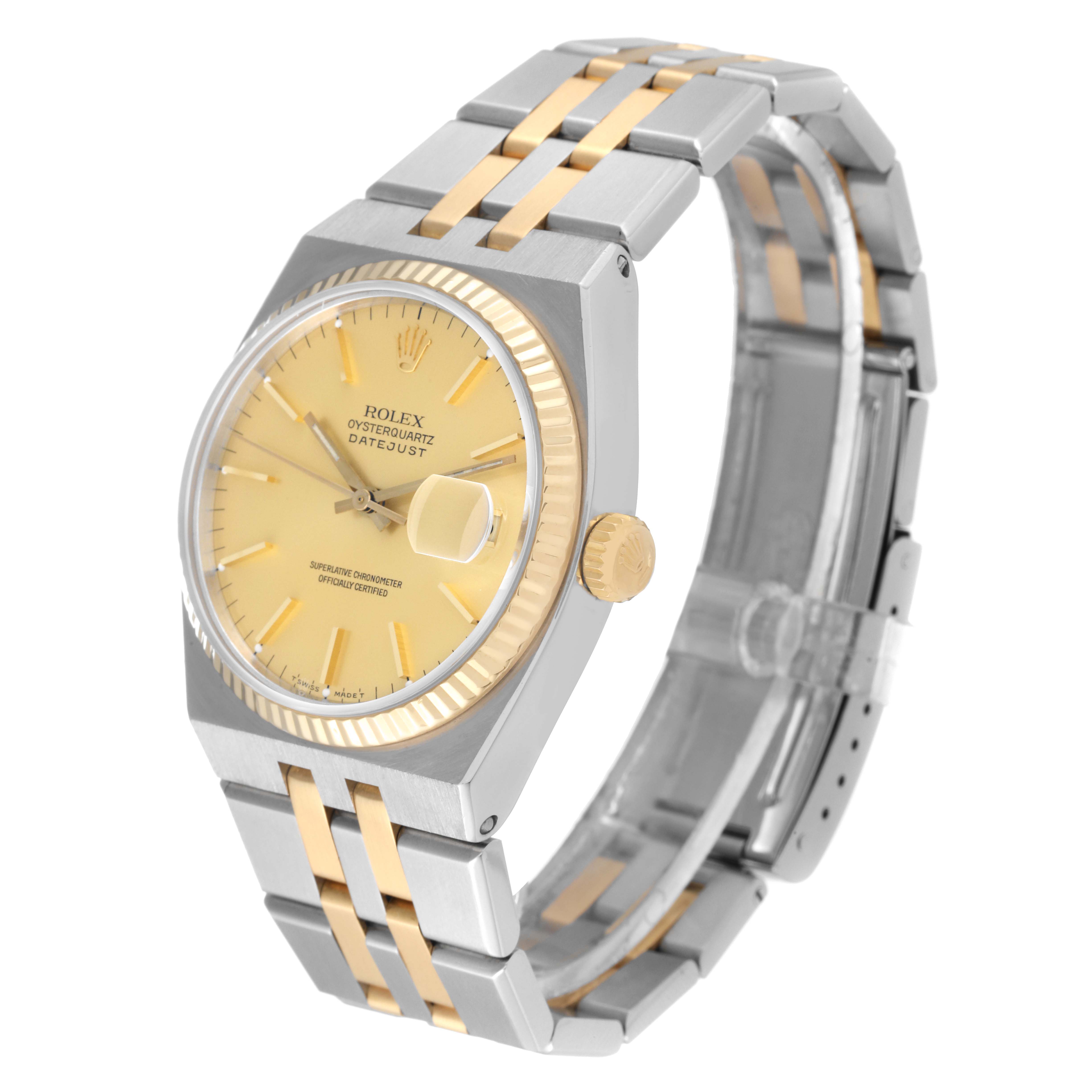 This image shows a Rolex Oysterquartz 17013 Men's Steel and Gold (two tone) Champagne Dial 17013 Men's Steel and Gold (two tone) Champagne Dial Datejust watch at a three-quarter angle, displaying its dial, bezel, crown, and bracelet.