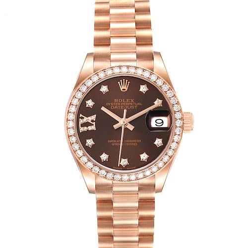 This image shows a front view of a Rolex President 279135 Women's Rose Gold Brown Dial 279135 Women's Rose Gold Brown Dial Datejust watch, highlighting its dial, bezel, and bracelet.