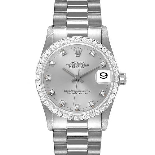 This Rolex President 68289 Women's White Gold Silver Dial 68289 Women's White Gold Silver Dial model watch is shown from the front, displaying its dial, bracelet, and bezel with diamond accents.