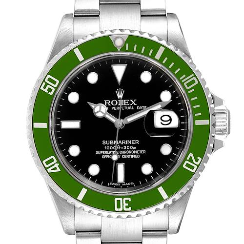 The image shows a front view of the Rolex Submariner 16610LV Men's Stainless Steel Black Dial 16610LV Men's Stainless Steel Black Dial watch, highlighting its green bezel, black dial, and date window.
