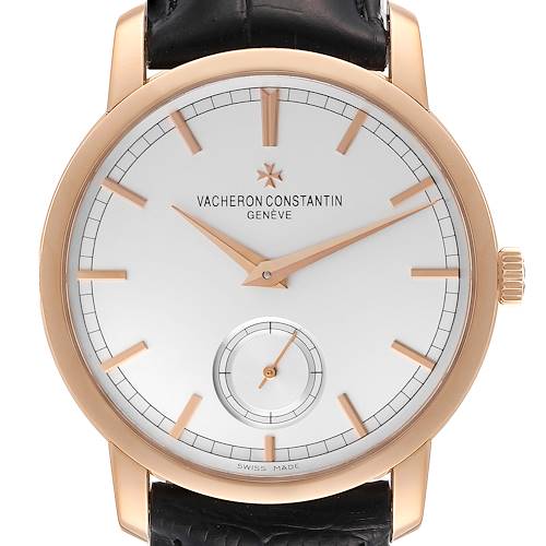 The Vacheron Constantin Traditionnelle 82172/000R-9382 Men's Rose Gold Silver Dial 82172/000R-9382 Men's Rose Gold Silver Dial watch is shown from a front angle, highlighting its dial, hour markers, and hands.
