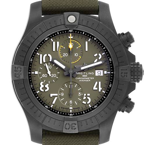 The image shows a front view of the Breitling Avenger V13317 Men's Titanium Green Dial watch, highlighting the dial, bezel, subdials, and crown.