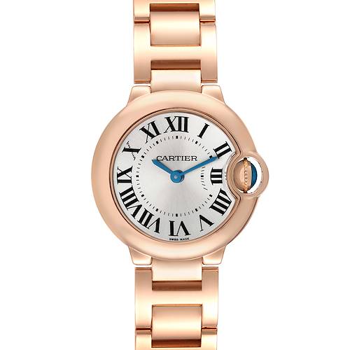 This image shows a front view of a Cartier Ballon Bleu W69002Z2 Women's Rose Gold Silver Dial W69002Z2 Women's Rose Gold Silver Dial watch, highlighting its round case, Roman numeral dial, and metal bracelet.