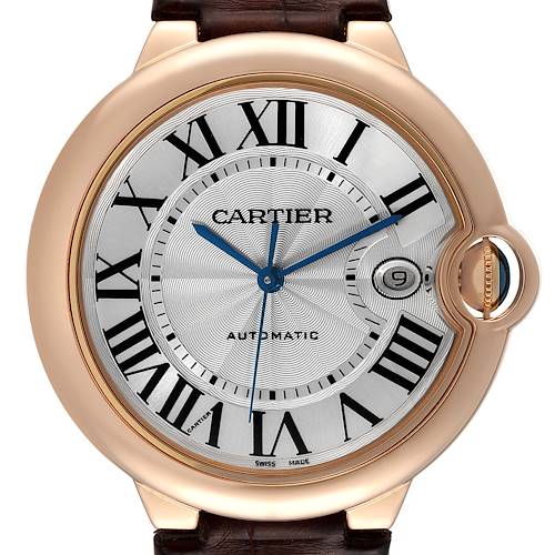The image shows a close-up frontal view of the Cartier Ballon Bleu W6900651 Men's Rose Gold Silver Dial W6900651 Men's Rose Gold Silver Dial watch, highlighting its face, Roman numerals, and date window.
