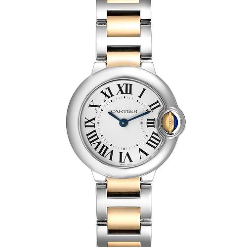 The image shows a front view of the Ballon Bleu watch by Cartier, highlighting its face and band.